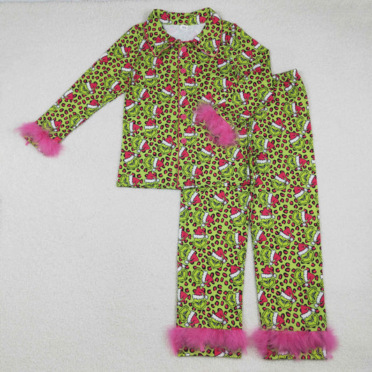 GLP2670 Adult Green Frog Leopard Print Woman Christmas Buttons Fur Pajamas Clothes Set