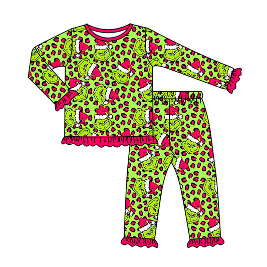 (Pre-order)GLP2671 Green Frog Leopard Print Girls Christmas Pajamas Clothes Set