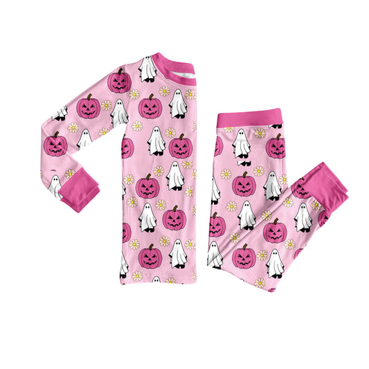 (Pre-order)GLP2672 Spooky Pumpkin Pink Print Girls Halloween Pajamas Clothes Set