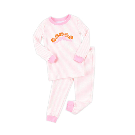 (Pre-order)GLP2674 Pumpkin Bows Stripes Print Girls Fall Pajamas Clothes Set