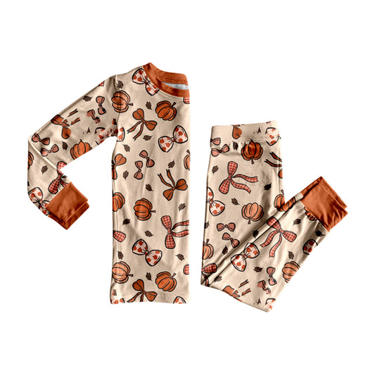 (Pre-order)GLP2675 Pumpkin Bows Print Girls Fall Pajamas Clothes Set