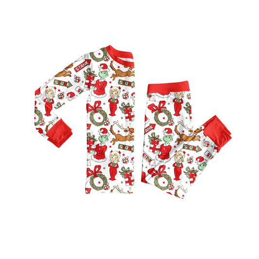 (Pre-order)GLP2676 Green Frog Holly Print Girls Christmas Pajamas Clothes Set