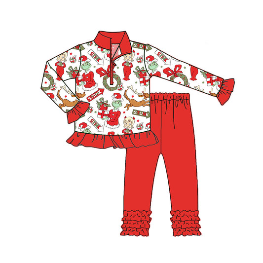 (Pre-order)GLP2677 Green Frog Holly Zipper Pullover Top Red Pants Girls Christmas Clothes Set