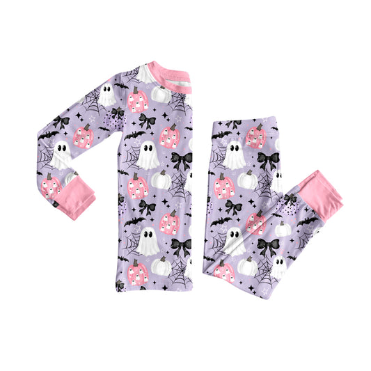 (Pre-order)GLP2678 Spooky Pumpkin Bows Print Girls Halloween Pajamas Clothes Set
