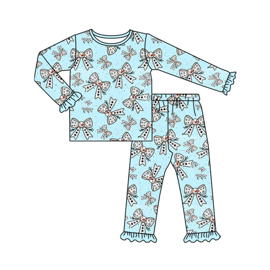 (Pre-order)GLP2679 Snowman Bows Print Girls Winter Pajamas Clothes Set