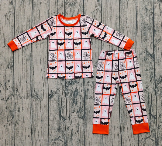(Pre-order)GLP2682 Spooky Bat Plaid Print Girls Halloween Pajamas Clothes Set