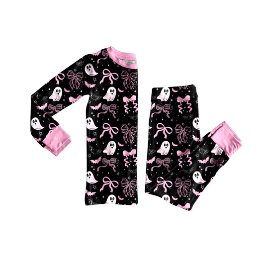 (Pre-order)GLP2683 Spooky Bows Print Girls Halloween Pajamas Clothes Set