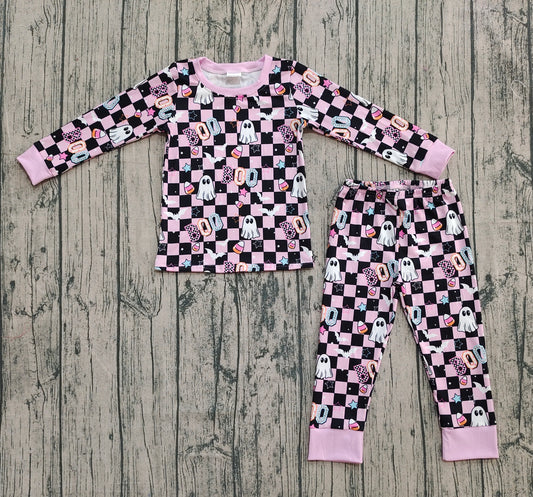 (Pre-order)GLP2684 BOO Spooky Candy Plaid Print Girls Halloween Pajamas Clothes Set