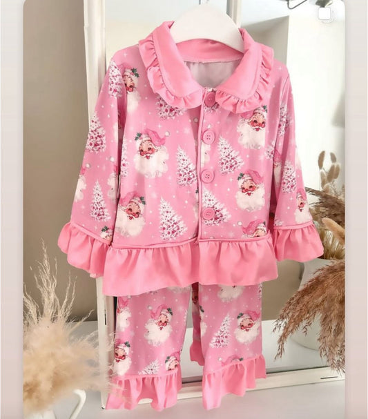 (Pre-order)GLP2685 Tree Santa Holly Pink Print Girls Christmas Buttons Pajamas Clothes Set