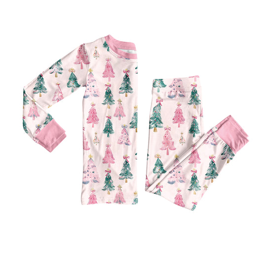 (Pre-order)GLP2686 Pink Tree Print Girls Christmas Pajamas Clothes Set