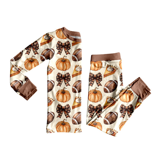 (Pre-order)GLP2688 Football Pumpkin Pie Bows Print Girls Fall Pajamas Clothes Set