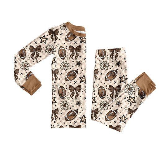 (Pre-order)GLP2689 Football Flowers Bows Print Girls Fall Pajamas Clothes Set