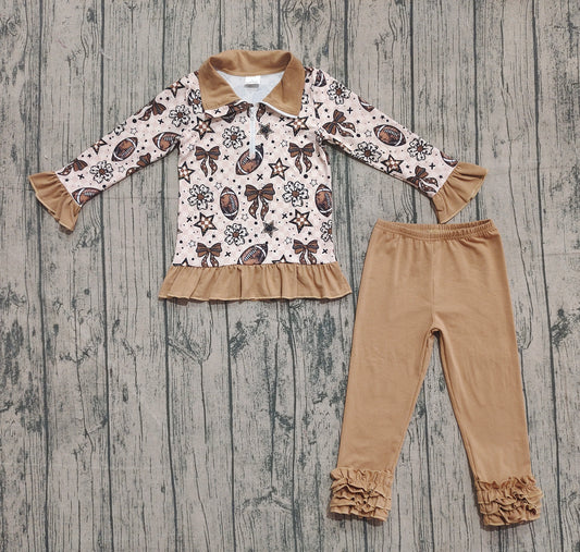 (Pre-order)GLP2690 Football Flowers Bows Zipper Pullover Top Brown Pants Girls Fall Clothes Set