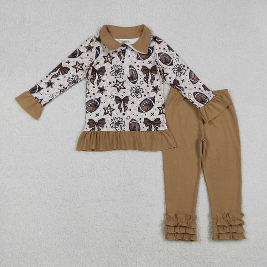 GLP2690 Football Flowers Bows Zipper Pullover Top Brown Pants Girls Fall Clothes Set