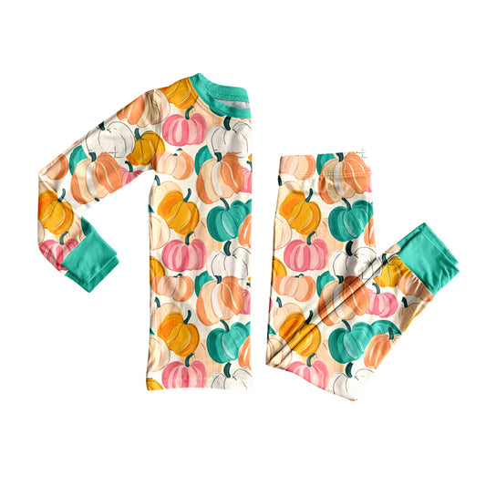 (Pre-order)GLP2691 Colorful Pumpkin Print Girls Fall Pajamas Clothes Set