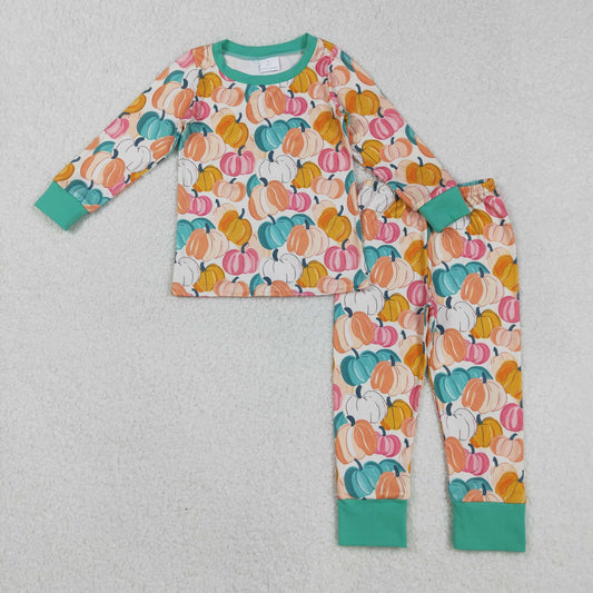 GLP2691 Colorful Pumpkin Print Girls Fall Pajamas Clothes Set