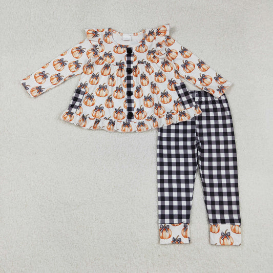 GLP2692 Pumpkin Bows Tunic Top Plaid Pants Girls Fall Clothes Set