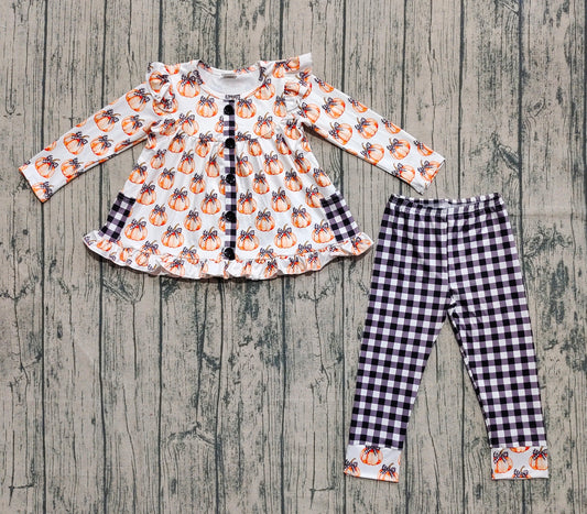 (Pre-order)GLP2692 Pumpkin Bows Tunic Top Plaid Pants Girls Fall Clothes Set