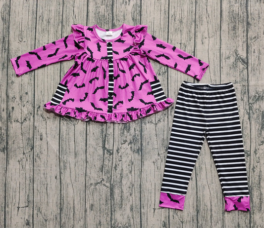 (Pre-order)GLP2693 Bat Purple Pockets Tunic Top Stripes Pants Girls Halloween Clothes Set