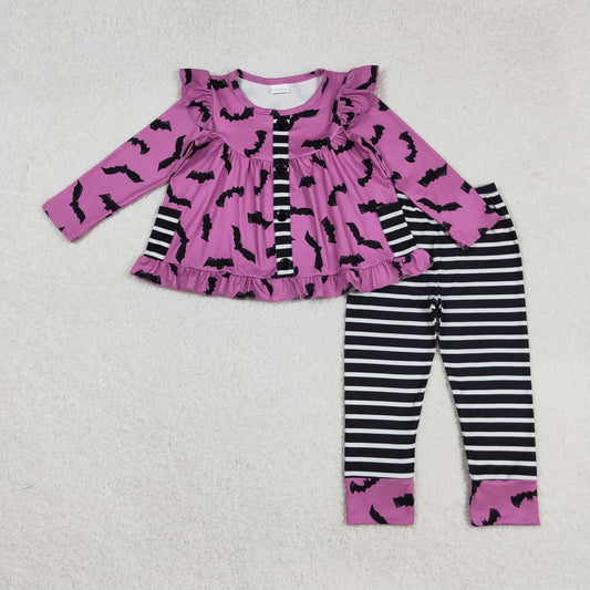 GLP2693 Bat Purple Pockets Tunic Top Stripes Pants Girls Halloween Clothes Set