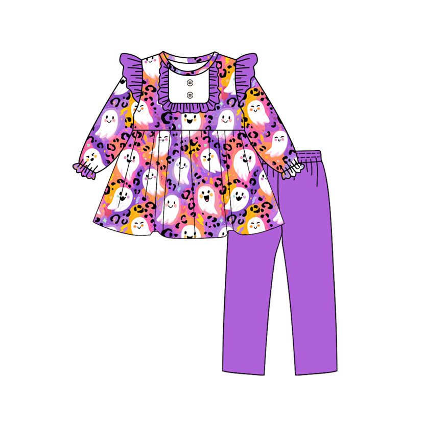 (Pre-order)GLP2694 Spooky Leopard Tunic Top Purple Pants Girls Halloween Clothes Set