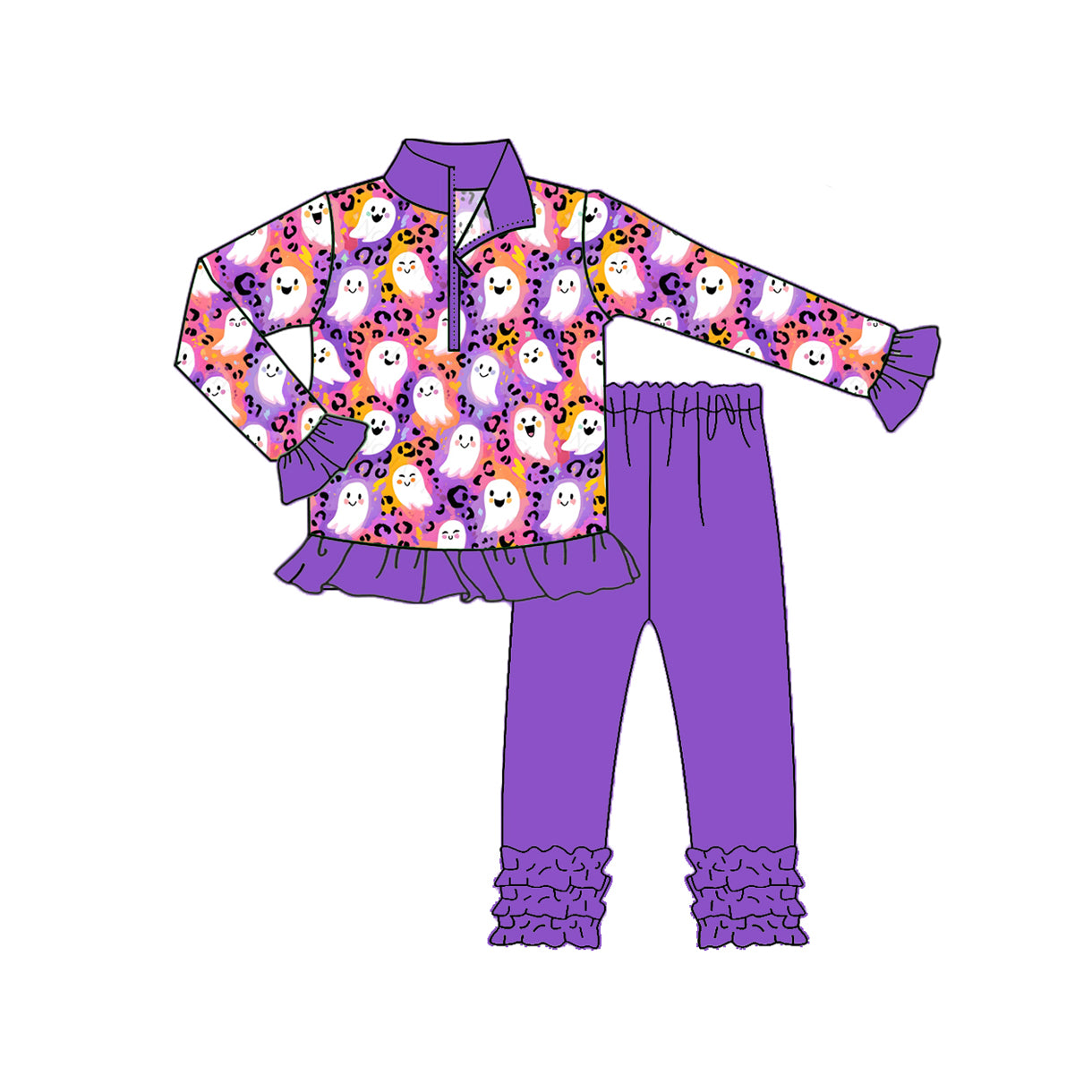 (Pre-order)GLP2695 Spooky Leopard Zipper Pullover Top Purple Pants Girls Halloween Clothes Set