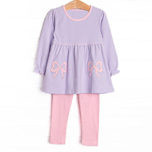 (Pre-order)GLP2696 Bows Purple Stripes Tunic Top Pink Pants Girls Fall Clothes Set