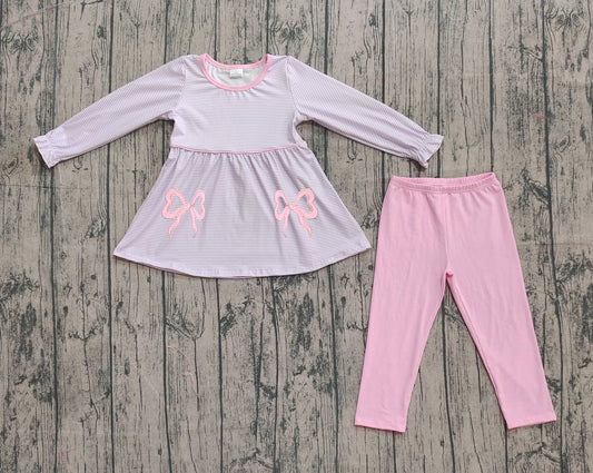 (Pre-order)GLP2696 Bows Purple Stripes Tunic Top Pink Pants Girls Fall Clothes Set