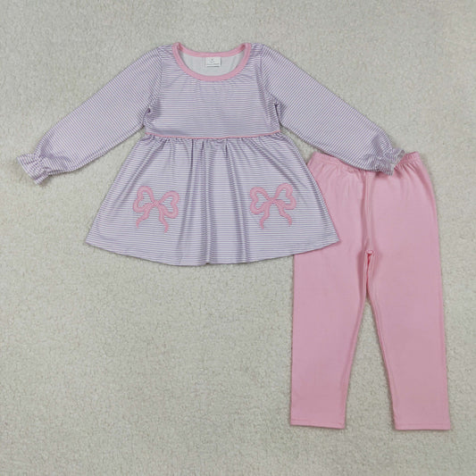 GLP2696 Bows Embroidery Purple Stripes Tunic Top Pink Pants Girls Fall Clothes Set