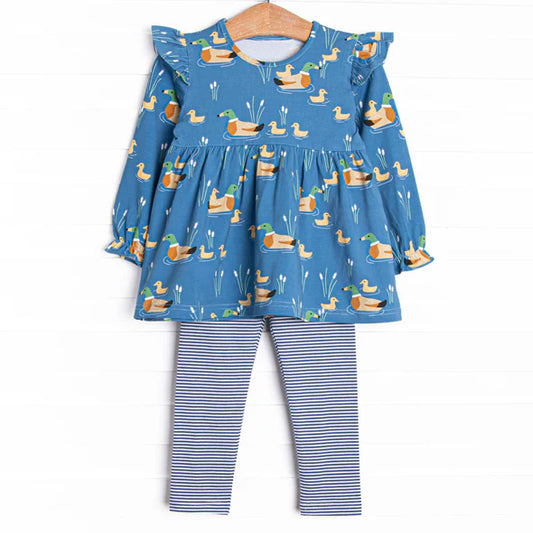 (Pre-order)GLP2697 Duck Blue Tunic Top Stripes Pants Girls Fall Clothes Set