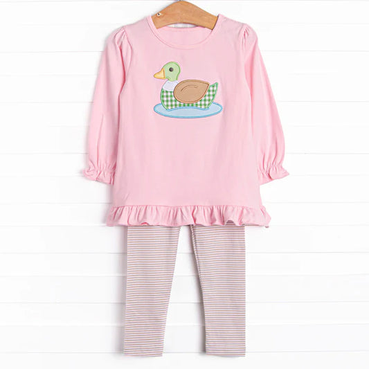 (Pre-order)GLP2698 Duck Pink Tunic Top Stripes Pants Girls Fall Clothes Set