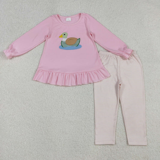 GLP2698 Duck Embroidery Pink Tunic Top Stripes Pants Girls Fall Clothes Set