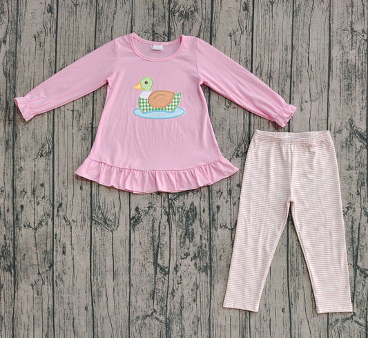 (Pre-order)GLP2698 Duck Pink Tunic Top Stripes Pants Girls Fall Clothes Set