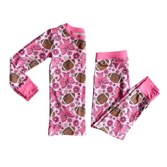 (Pre-order)GLP2699 Football Bows Flowers Print Girls Fall Pajamas Clothes Set