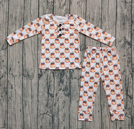 (Custom Design Preorder MOQ 20) Pumpkin Bows Print Girls Fall Bamboo Pajamas Clothes Set