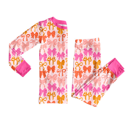 (Pre-order)GLP2701 Pink Orange Bows Print Girls Fall Pajamas Clothes Set