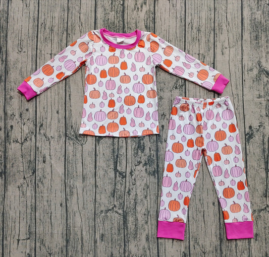 (Pre-order)GLP2702 Pink Orange Pumpkin Print Girls Fall Pajamas Clothes Set