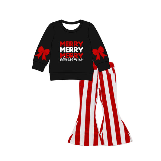 (Pre-order)GLP2703 Bows Black Top Red Stripes Denim Bell Jeans Girls Christmas Clothes Set