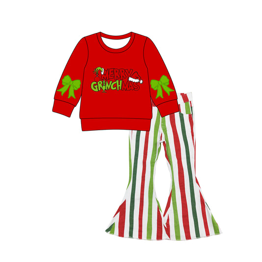 (Pre-order)GLP2704 Bows Red Top Stripes Denim Bell Jeans Girls Christmas Clothes Set