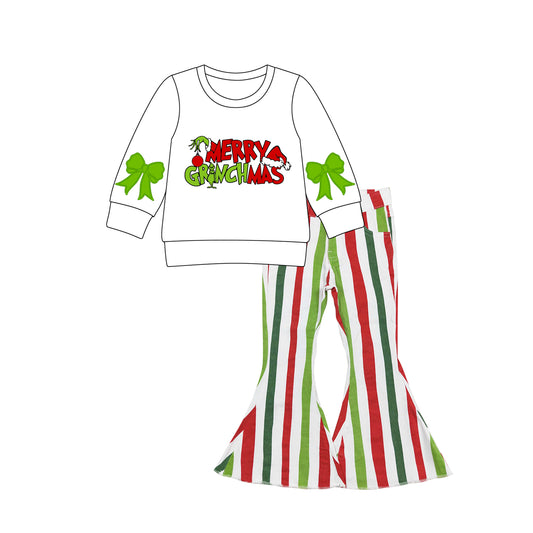(Pre-order)GLP2705 Bows White Top Stripes Denim Bell Jeans Girls Christmas Clothes Set