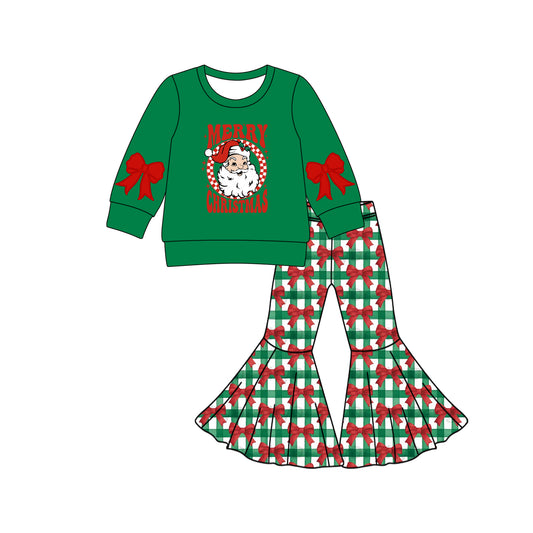 (Pre-order)GLP2706 Bows Santa Green Top Plaid Bell Pants Girls Christmas Clothes Set