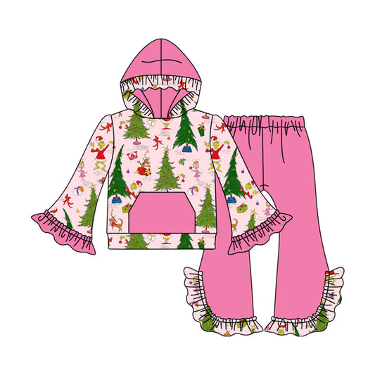 (Pre-order)GLP2709 Green Frog Tree Hoodie Top Pink Pants Girls Christmas Clothes Set