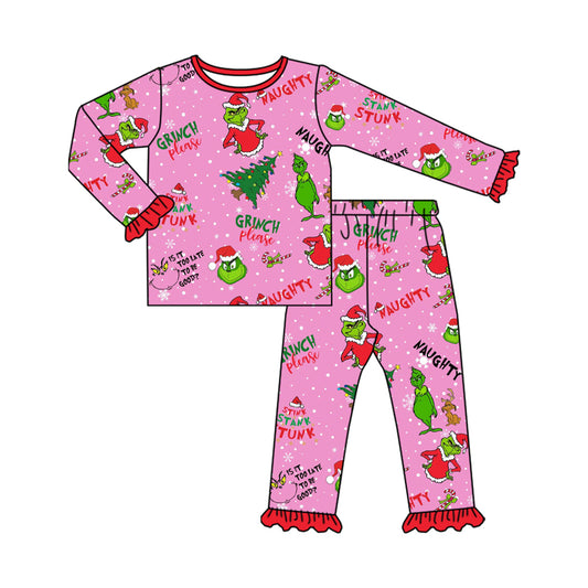 (Pre-order)GLP2710 Green Frog Hot Pink Print Girls Christmas Pajamas Clothes Set