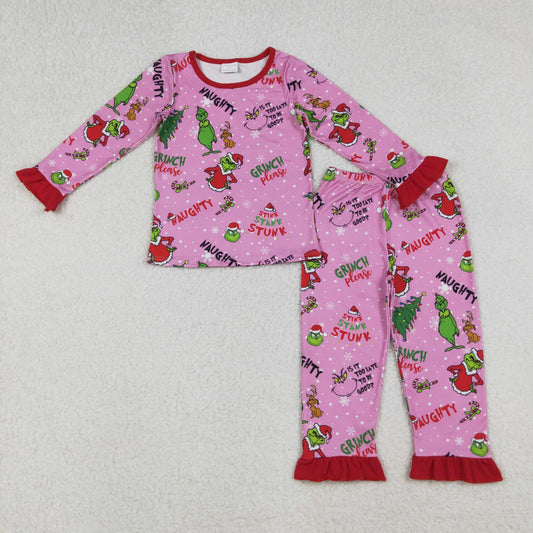 GLP2710 Green Frog Hot Pink Print Girls Christmas Pajamas Clothes Set