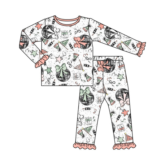 (Pre-order)GLP2711 DEC.31 Bows Print Girls Happy New Year Pajamas Clothes Set