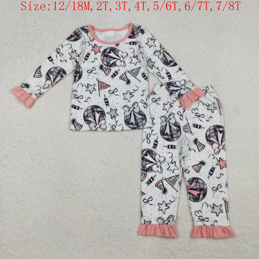 GLP2711 Fireworks Stars Bows Print Girls Happy New Year Pajamas Clothes Set
