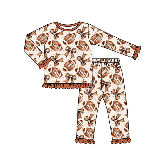 (Pre-order)GLP2712 Football Bows Brown Print Girls Fall Pajamas Clothes Set