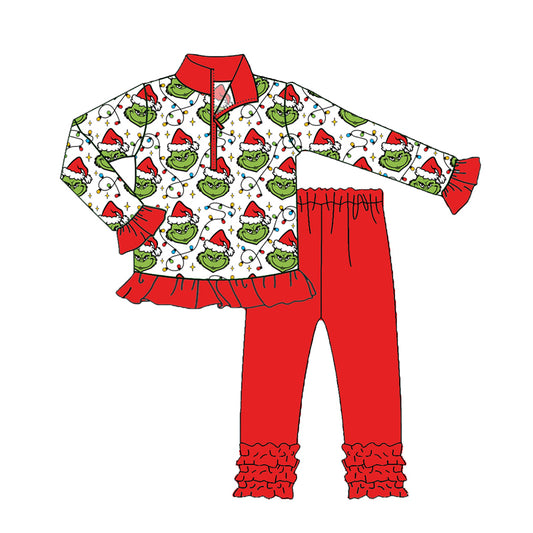 (Pre-order)GLP2714 Green Frog Lights Zipper Pullover Top Purple Pants Girls Christmas Clothes Set