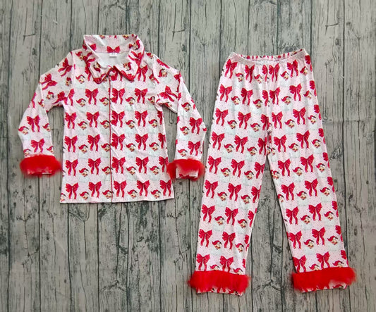 (Pre-order)GLP2715 Adult Santa Bows Print Woman Christmas Buttons Fur Pajamas Clothes Set