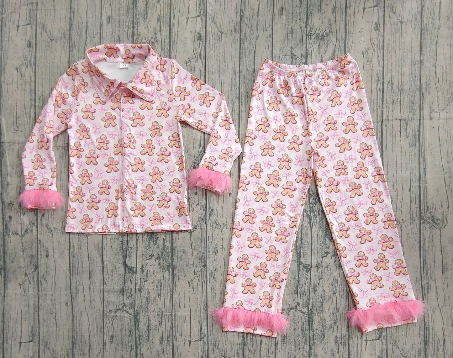 (Pre-order)GLP2716 Adult Gingerbread Bows Print Woman Christmas Buttons Fur Pajamas Clothes Set